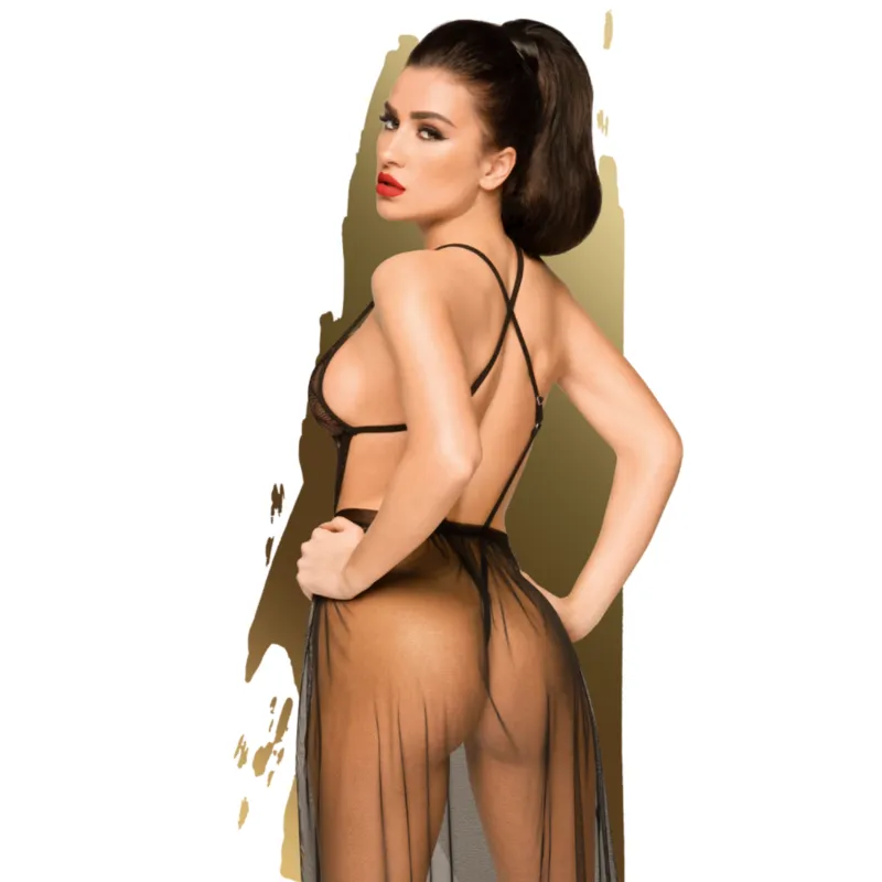 peignoir dentelle noire nuisette séduisante silhouette élégante sensuelle tulle transparent floral raffinée décolleté plongeant noeud taille bretelles fines ajustables confortable