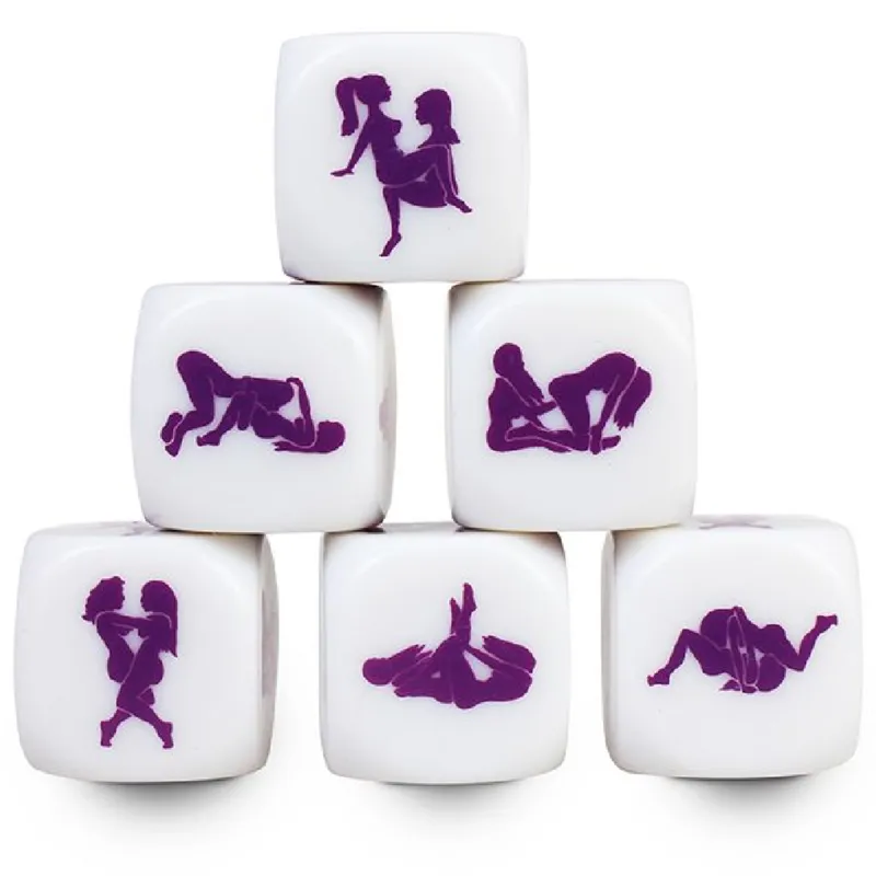 Dés érotiques Kamasutra lesbiennes 25mm illustration violettes en plastique lisse pour stimulation sexuelle couple intimité sextoy discret