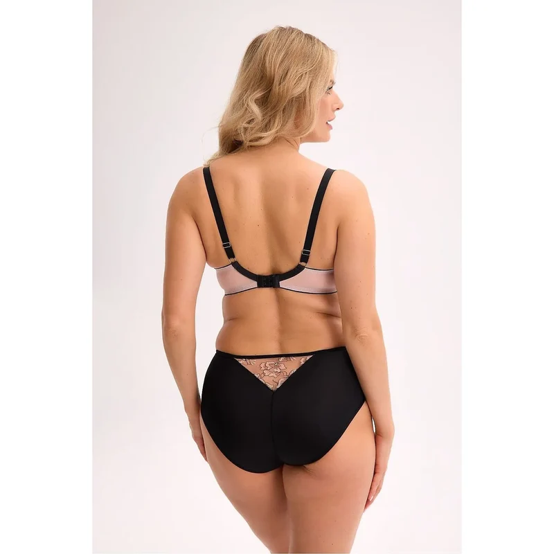 soutien gorge demi bonnet galbe naturel motifs floraux rose poudré dentelle noire bretelles réglables armatures intégrées bijou central culotte coordonnée