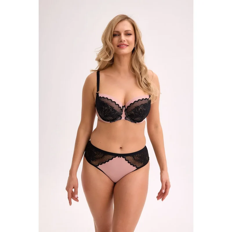 Ensemble de lingerie brésilienne sensuelle dentelle noire tissu rose pâle soutien-gorge balconnet culotte ajustable élégance sexy féminine