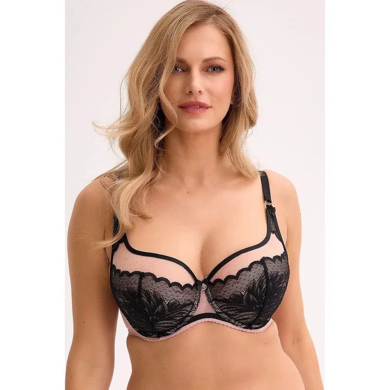 Soutien-gorge culotte dentelle noire floral Gaia lingerie élégante confortable soutien optimal bretelles réglables panneau central tissu chair