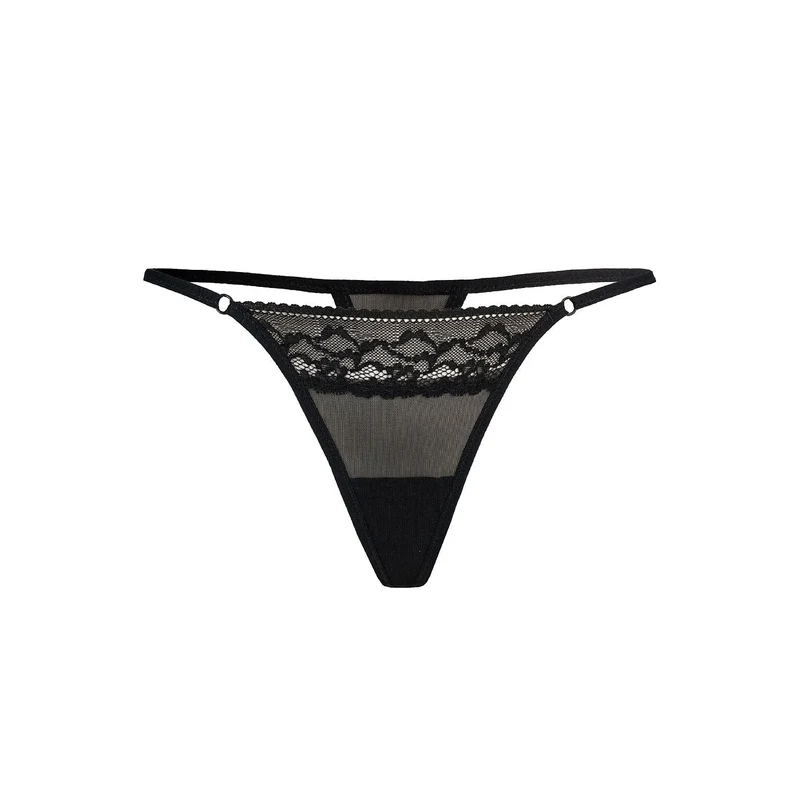 Strings sexy pour femmes maille transparente dentelle floral lingerie érotique minimale confort ajustement élastique noir occasion spéciale