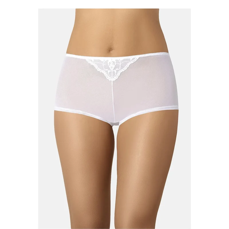 Shorty dentelle blanc taille haute confort maintien doux extensible doublure opaque transparent ceinture festonnée couture invisible