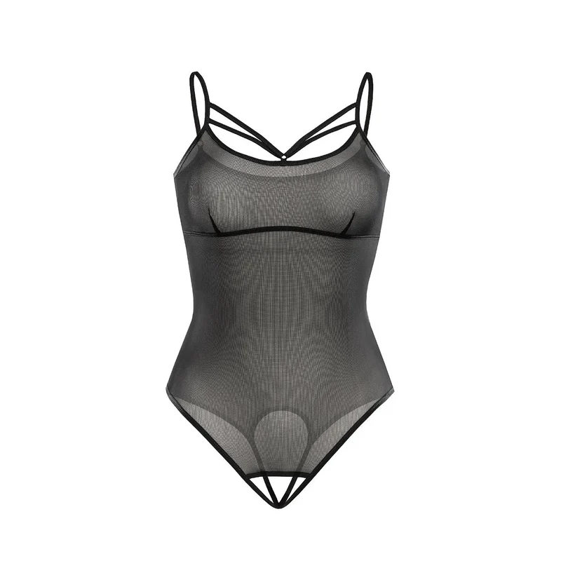 Body érotique transparent en mesh noir bretelles fines ouverture entrejambe haute taille lingerie sexy femmes