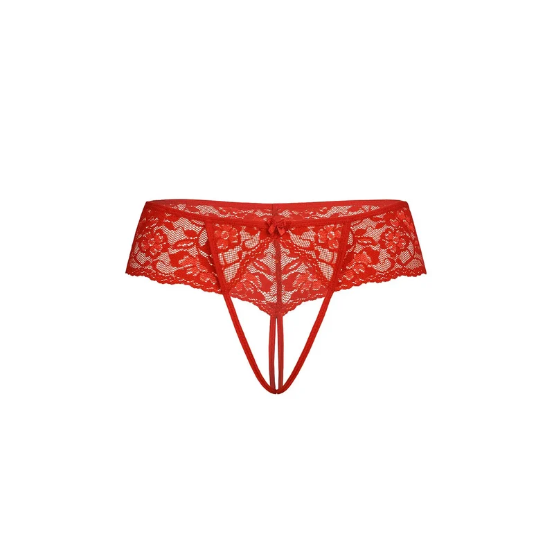 string ouvert dentelle rouge floral sensuel audacieux confortable élastique doux soyeux transparent finitions sanscouture noeud décoratif intime séduisant