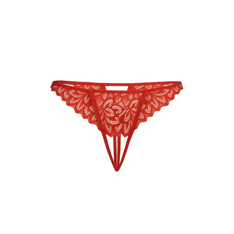strings dentelle rouge motif floral coupe basse entrejambe ouvert bords festonnés ajustement parfait confort optimal élasticité naturelle hypoallergénique