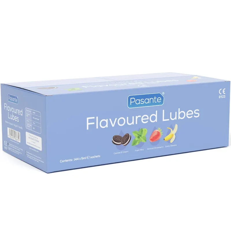 Pasante boîte lubrifiants aromatisés sachets 144 unités 5ml hydrosoluble compatibles préservatifs végétalien saveurs menthe banane fraise biscuit crème discrets nomades