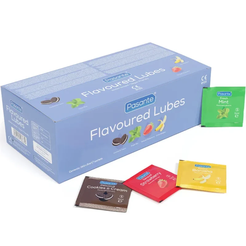 Pasante boîte lubrifiants aromatisés sachets 144 unités 5ml hydrosoluble compatibles préservatifs végétalien saveurs menthe banane fraise biscuit crème discrets nomades