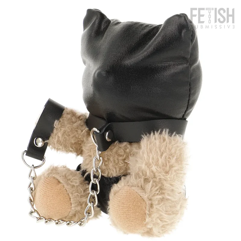 ours peluche fétiche soumis momo audacieux accessoires métalliques masque similicuir chaîne poignets oreilles pointues beige clair noir argenté