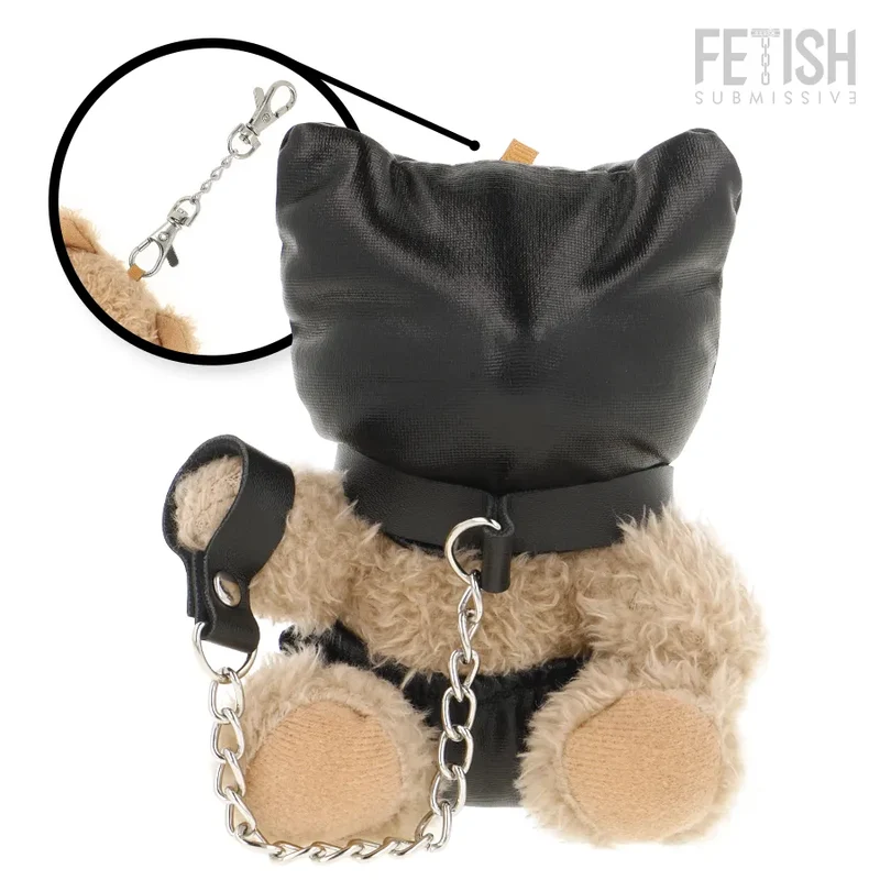 ours peluche fétiche soumis momo audacieux accessoires métalliques masque similicuir chaîne poignets oreilles pointues beige clair noir argenté