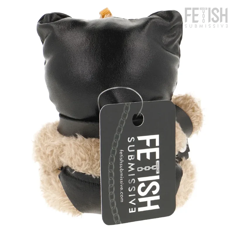 ours peluche fétiche soumis momo audacieux accessoires métalliques masque similicuir chaîne poignets oreilles pointues beige clair noir argenté