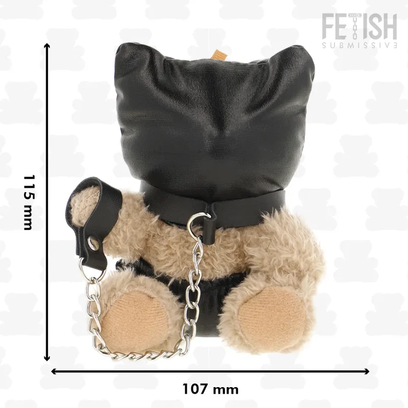 ours peluche fétiche soumis momo audacieux accessoires métalliques masque similicuir chaîne poignets oreilles pointues beige clair noir argenté