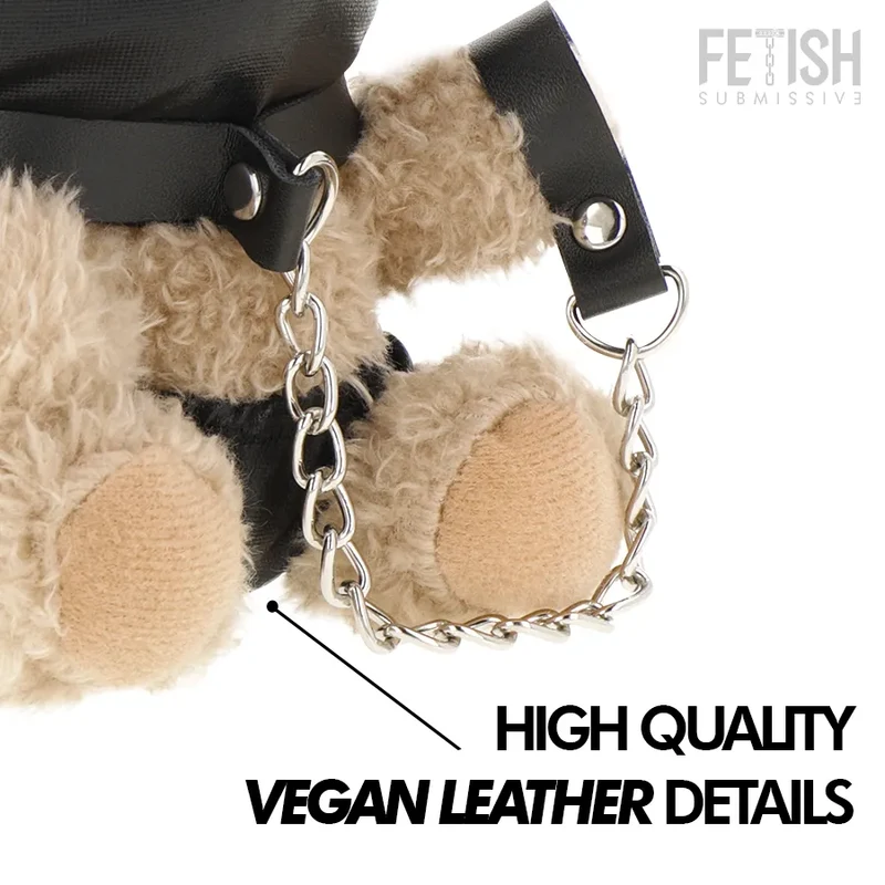ours peluche fétiche soumis momo audacieux accessoires métalliques masque similicuir chaîne poignets oreilles pointues beige clair noir argenté