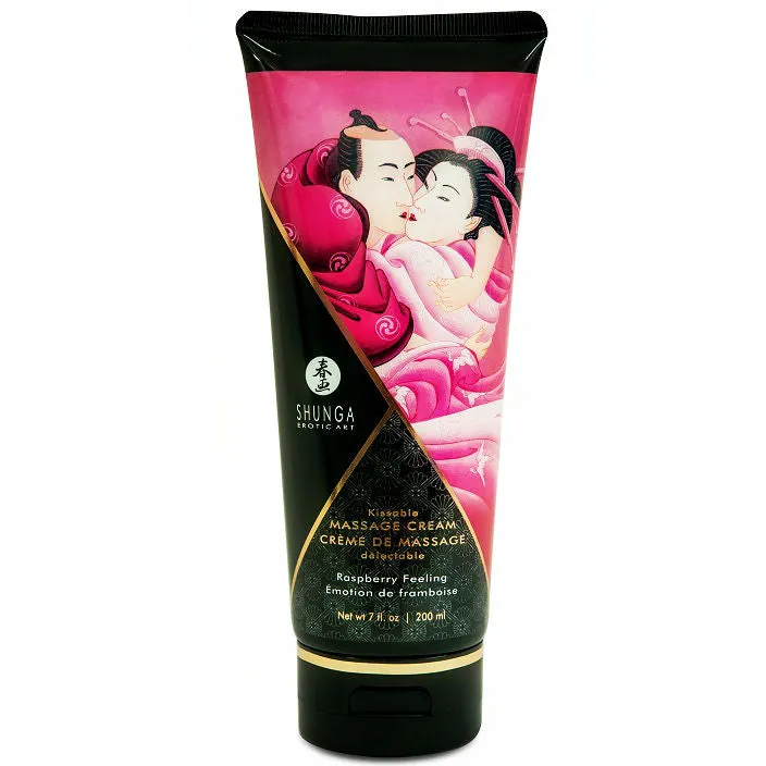 Shunga crème massage framboise 200ml intime érotique artistique comestible hypoallergénique onctueuse hydratante sensuelle parfumée élégante discrète