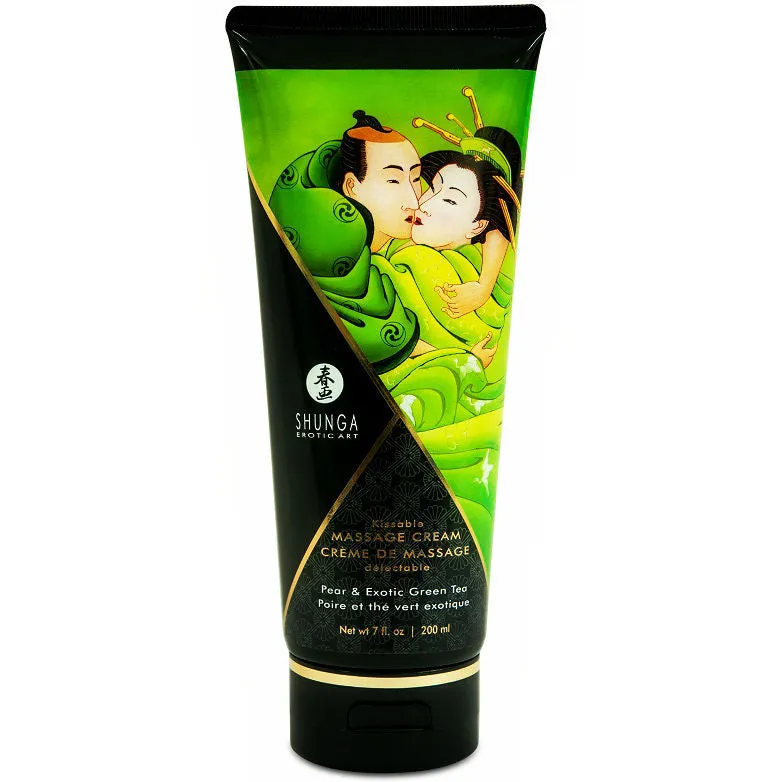 crème massage comestible Shunga poire thé vert exotique envoûtant soyeuse gourmande aphrodisiaque sensuelle relaxante satinée discrète