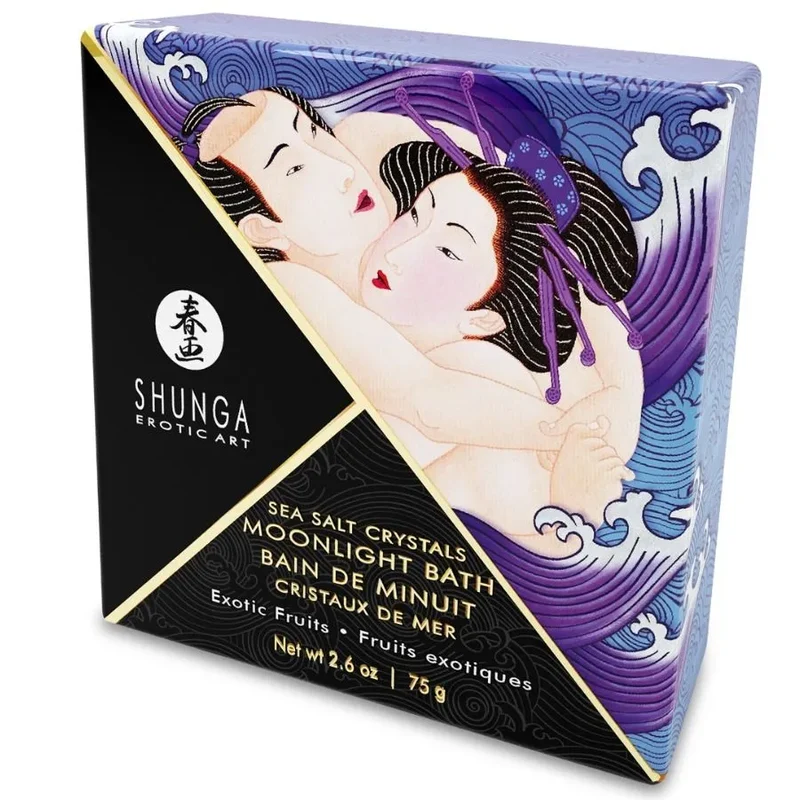 cristaux bain aromatisés Shunga relaxant aphrodisiaque fruits exotiques teinte lilas sensoriel raffiné artistique japonais illustré bleu violet doré