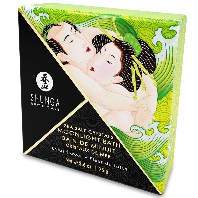 Sels Bain Aromatisés Shunga Lotus 75g Sensuels Aphrodisiaques Relaxation Sensorielle Luxueux Légers Cristaux Naturels Parfum Floral Emballage Brillant Érotique Japonaise