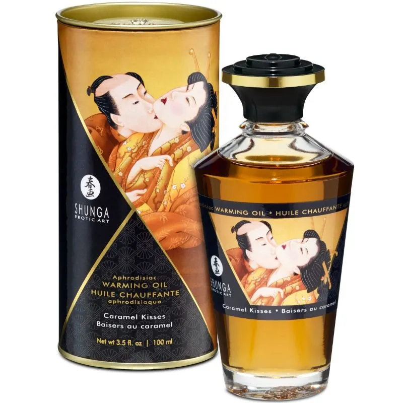 Shunga huile massage chauffante caramel aphrodisiaque sensuelle sensorielle parfumée soyeuse non grasse nourrissante formule douce flacon