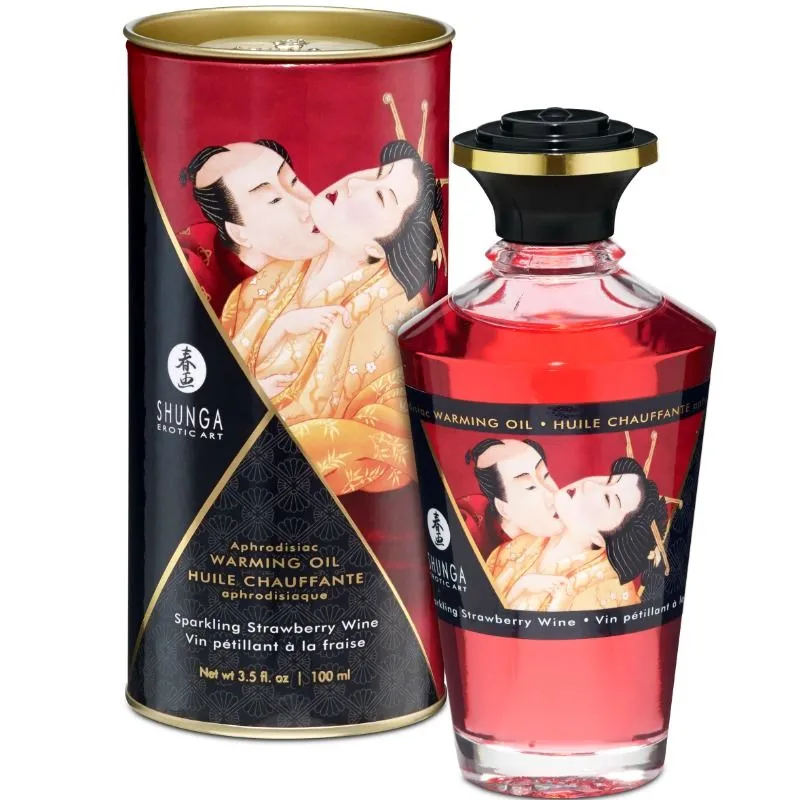 Shunga Huile de massage effet chaleur fraises et cava aphrodisiaque érotique 100ml sextoy huile chauffante stimulation sensuelle bien-être intime