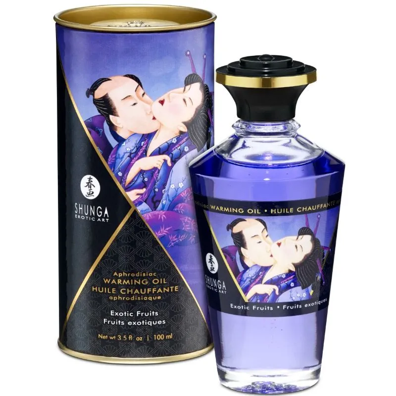 huile massage effet thermique saveur fruits exotiques aphrodisiaque sensuelle luxueuse romantique sensorielle chauffante parfumée gourmande artisanale bouteille verre bleue élégante