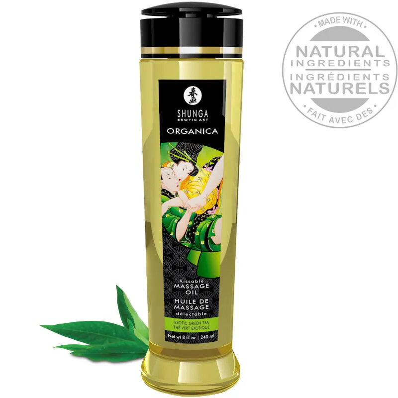 Shunga huile massage bio thé vert 240ml texture douce nongrasse absorption rapide parfum subtil relaxant peau sensible intime sensuelle érotique