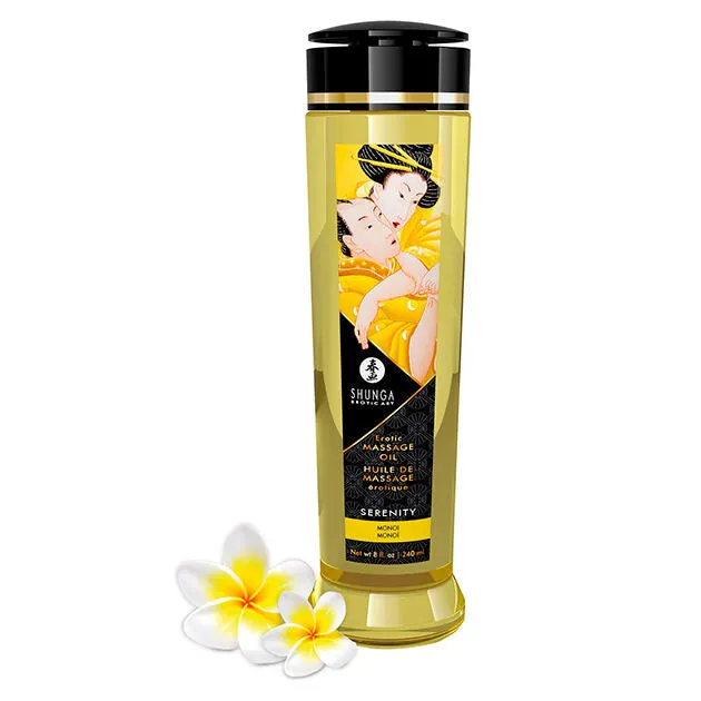 Shunga huile massage érotique sensuelle Sérénité monoï 240ml texture non grasse amande douce sésame avocat ylangylang parfum exotique intimité couple