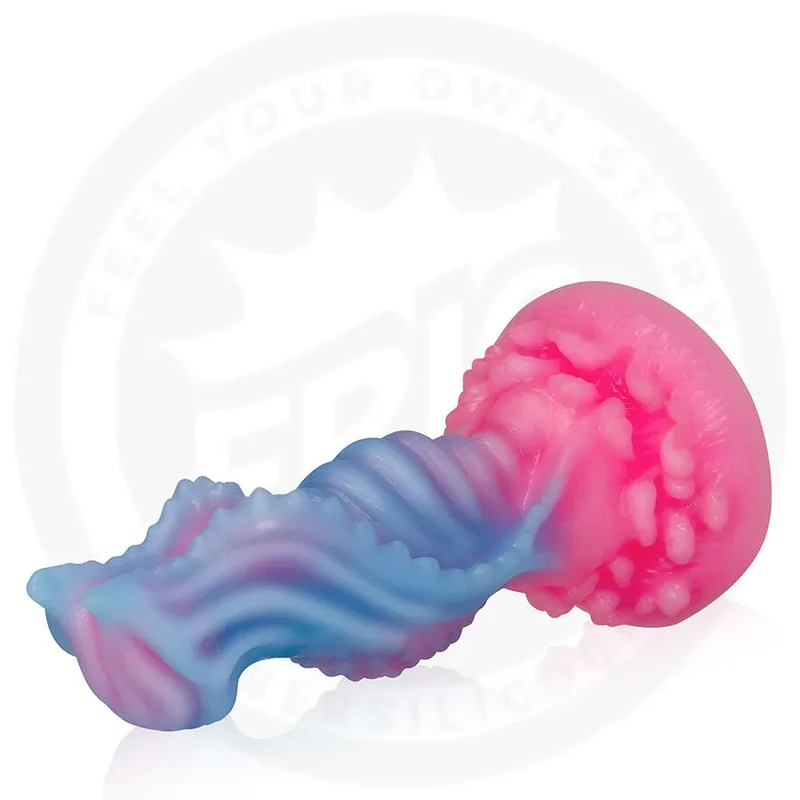 Gode Silicone Texturé Ondulé Bifurqué Nodulé Ergonomique Hypoallergénique Non Poreux Base Large Harnais Compatible Dégradé Bleu Rose