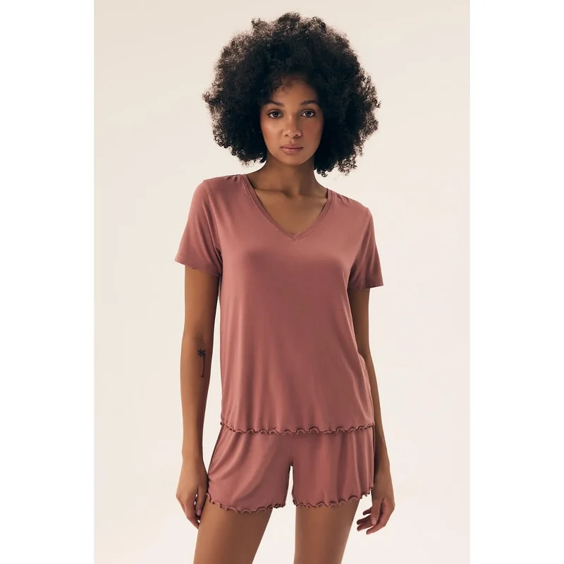 Pyjama femme élégant intime doux confort viscose elasthanne deux pièces V-neck hanches élastique roulotté rose poudré sexy nuit relaxation