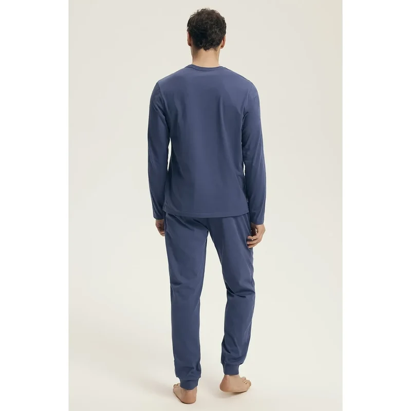 pyjama homme confortable stylé bleu manches longues haut coordonné pantalon coupe ample coton doux imprimé graphique ceinture élastique