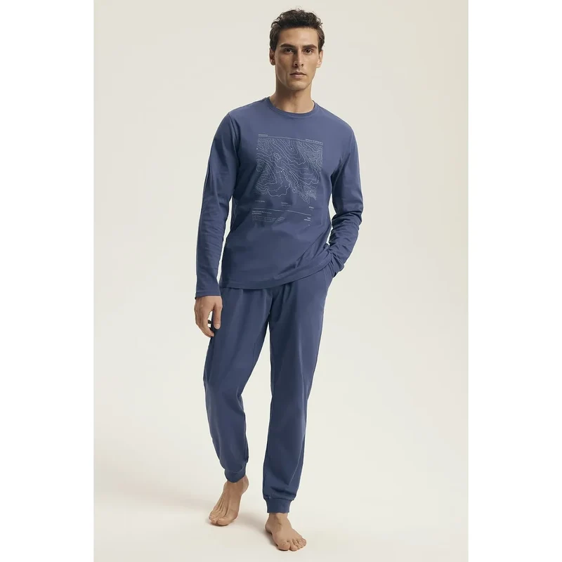 Pyjama homme Henderson model 220972 confort ample style moderne pantalon cordon poches t-shirt manches longues graphic print