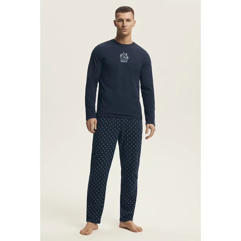 pyjama homme classique confortable tissu doux coton mélangé pantalon taille élastique coupe ample manches longues bleu marine motif lune tente