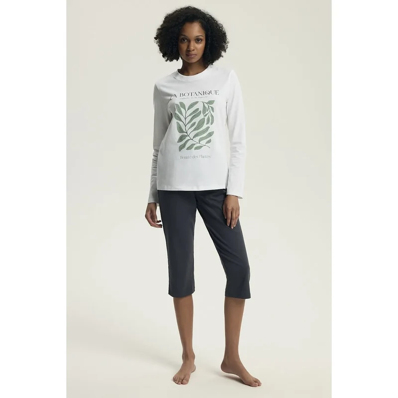 pyjama femme élégant confortable manches longues rond motif délicat pantalon trois quarts coupe ajustée taille élastique sans poches respirant