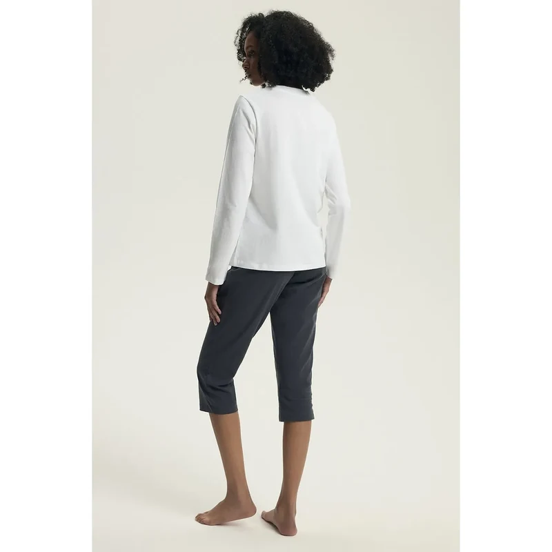 pyjama femme élégant confortable manches longues rond motif délicat pantalon trois quarts coupe ajustée taille élastique sans poches respirant