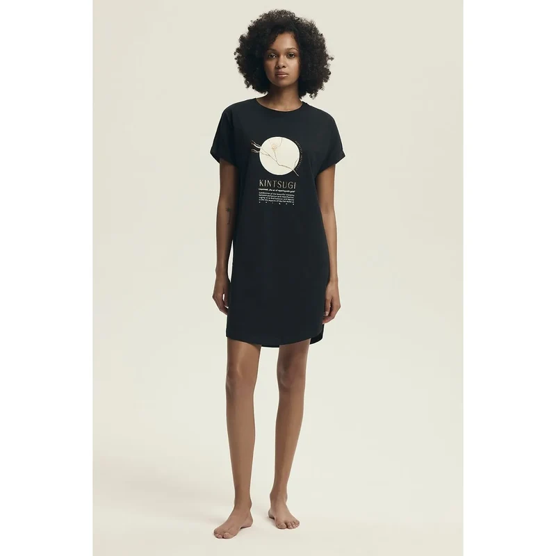 Chemise de nuit érotique femmes ample style t-shirt imprimé Kintsugi coton respirant confortable nuits détente intime
