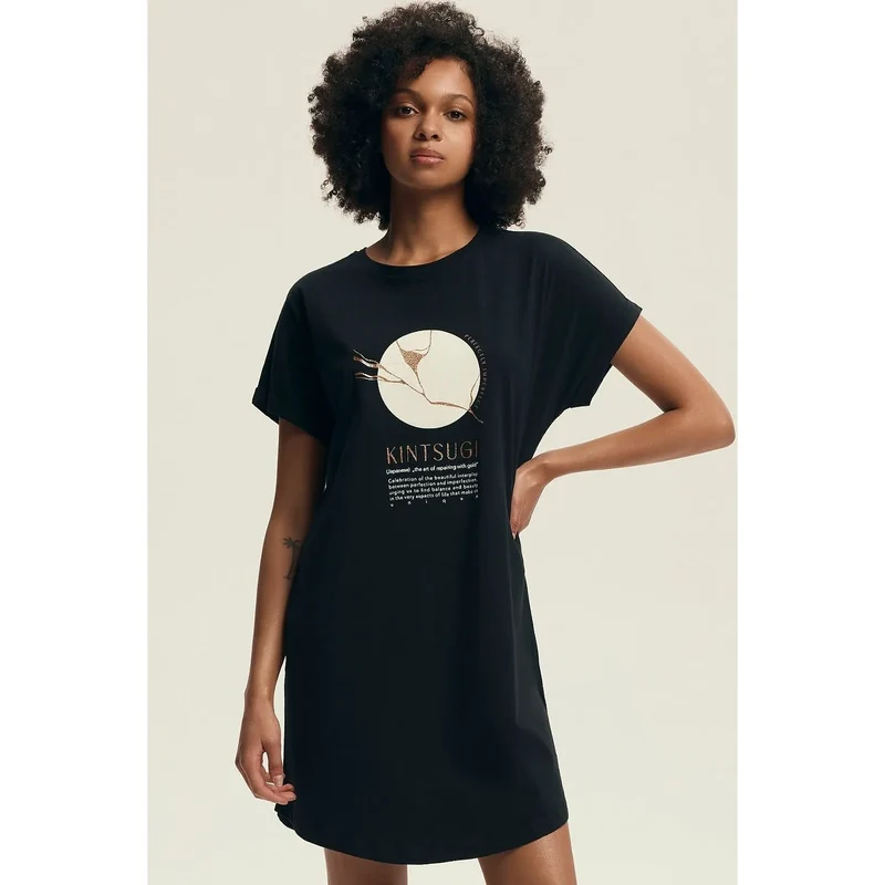 Chemise de nuit érotique femmes ample style t-shirt imprimé Kintsugi coton respirant confortable nuits détente intime