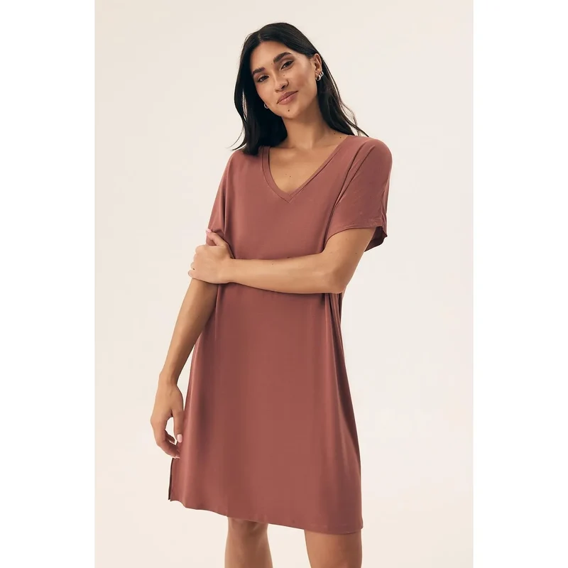 Chemise de nuit élégante confortable viscose elastane V-neck manches courtes genoux Lingerie nuit femme cadeau