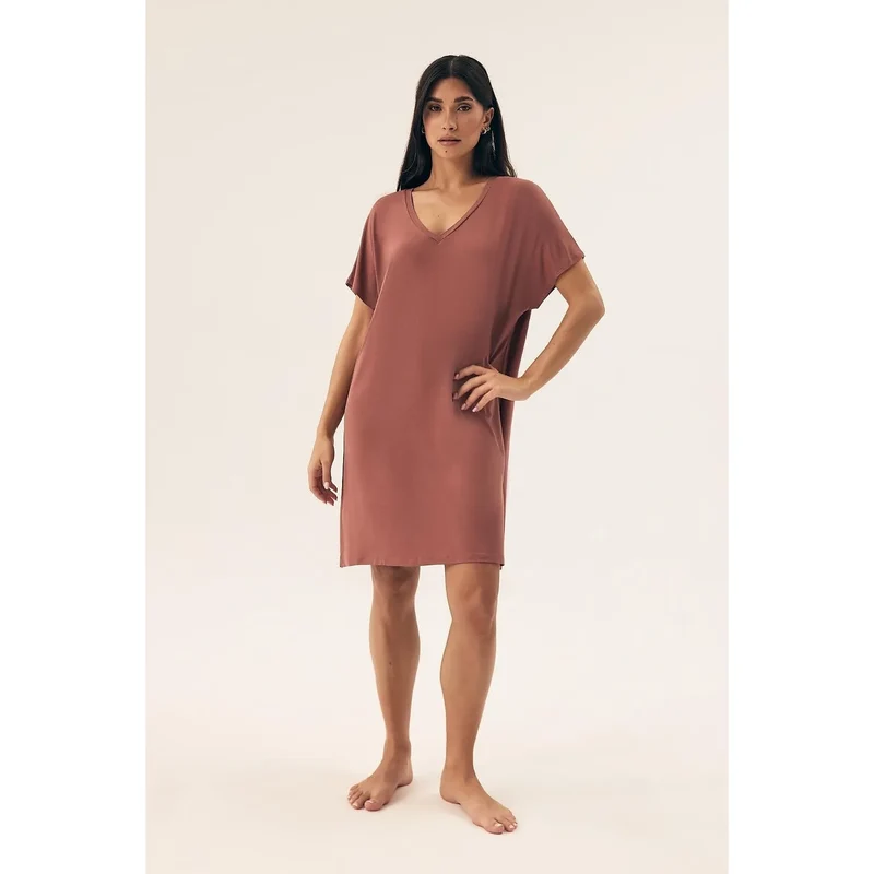 Chemise de nuit élégante confortable viscose elastane V-neck manches courtes genoux Lingerie nuit femme cadeau