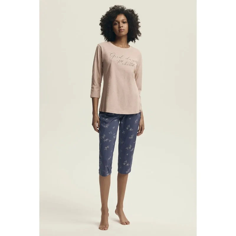 Pyjama femme Henderson 220978 doux respirant manches 3/4 slogan Good day ahead pantalon capri floral