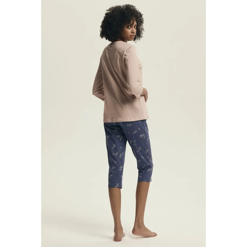Pyjama femme Henderson 220978 doux respirant manches 3/4 slogan Good day ahead pantalon capri floral