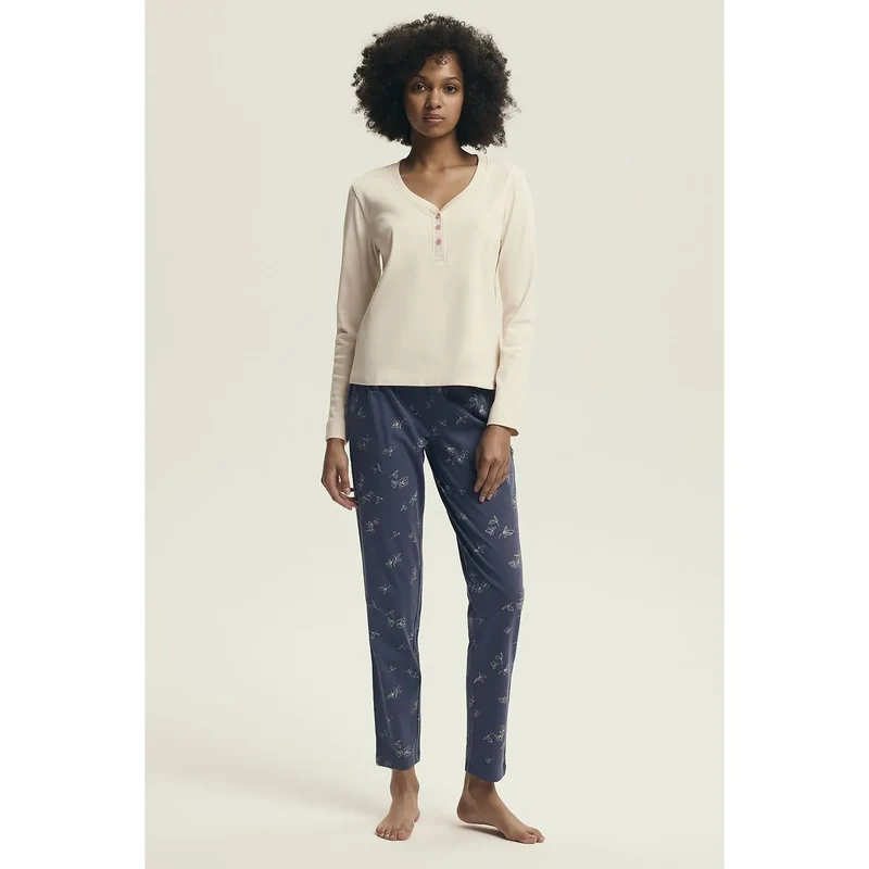 Pyjama femme Henderson 220977 classique féminin doux respirant élégant romantique nuit manches longues décolleté V pantalon taille élastique