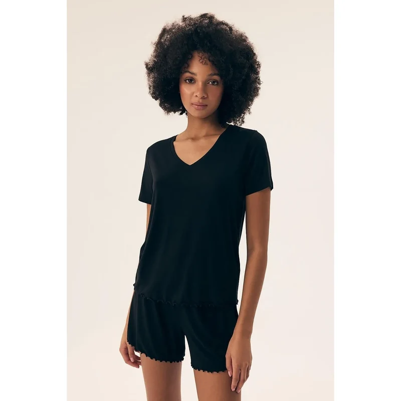 pyjama féminin élégant viscose élasthanne respirant short haut manchescourtes colV dentelle tailleélastique coupeample noir nuit détente sommeil luxueux cadeau