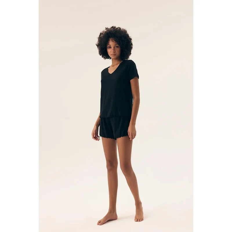 pyjama féminin élégant viscose élasthanne respirant short haut manchescourtes colV dentelle tailleélastique coupeample noir nuit détente sommeil luxueux cadeau