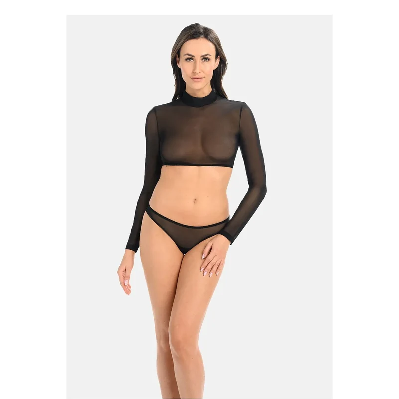 nuisette sexy ensemble deux pièces haut court manches longues transparence noire délicate extensible ajustée culottes minimalistes sensuelle élégante