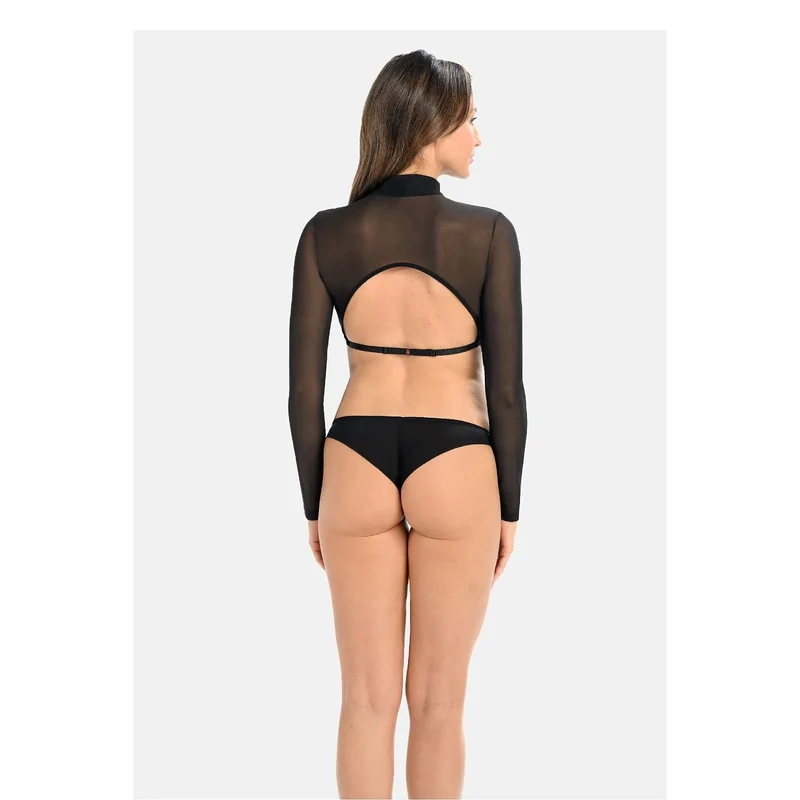 nuisette sexy ensemble deux pièces haut court manches longues transparence noire délicate extensible ajustée culottes minimalistes sensuelle élégante