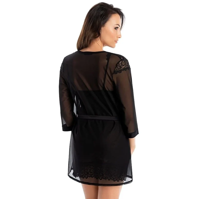 robe chambre élégante dentelle noire modèle 183055 Teyli mi longue manches trois quarts col V plongeant motifs floraux mousseline transparent