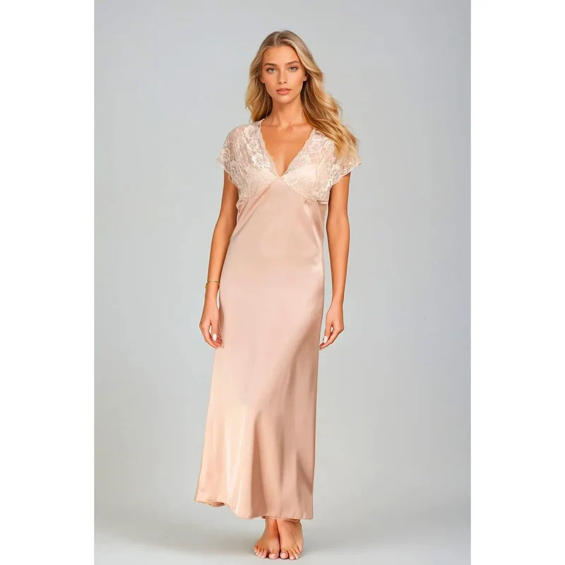 jupon dentelle satin beige rose longue chevilles manches courtes transparente decollete V floral elegante sensuelle soyeux confortable qualite