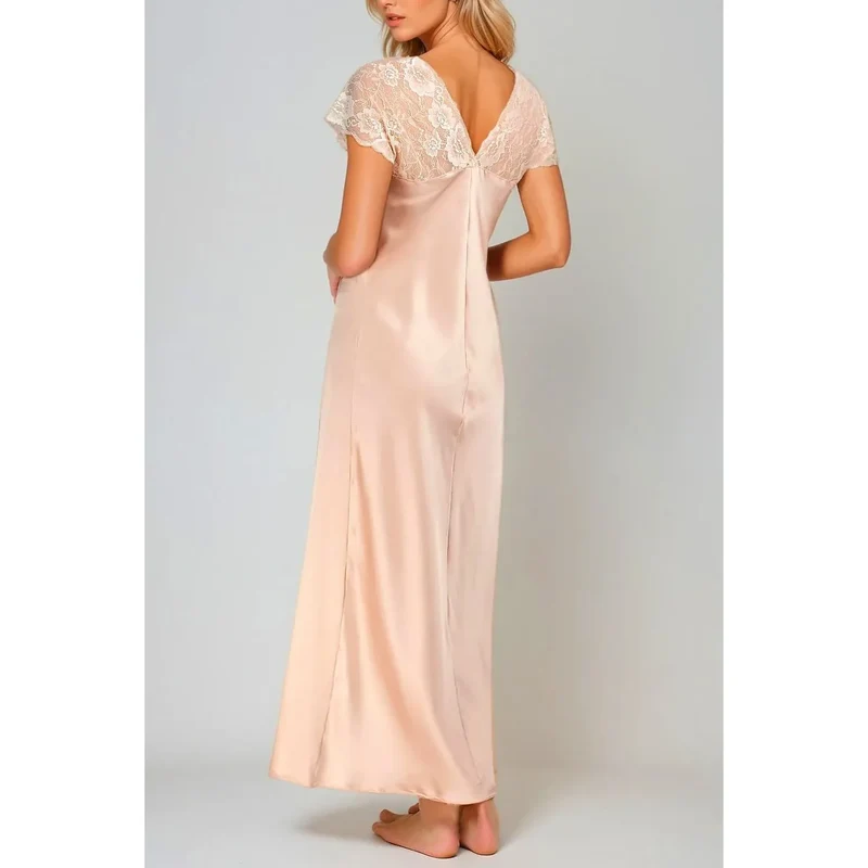jupon dentelle satin beige rose longue chevilles manches courtes transparente decollete V floral elegante sensuelle soyeux confortable qualite