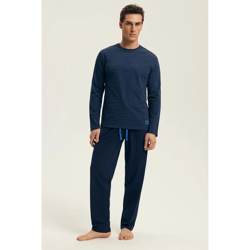 pyjama homme coton rayures confortable respirant doux manches longues col rond pantalon long élastique taille cordon bleu marine élégant intemporel