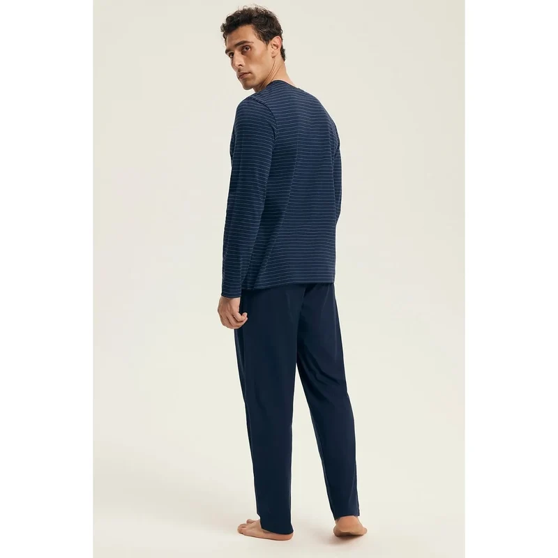 pyjama homme coton rayures confortable respirant doux manches longues col rond pantalon long élastique taille cordon bleu marine élégant intemporel