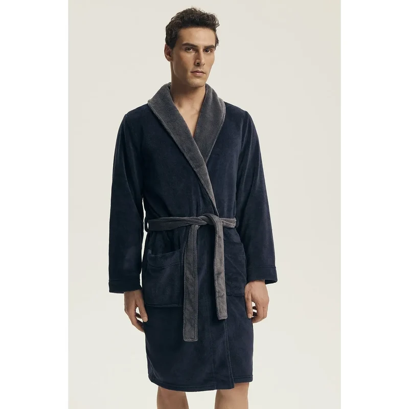 Peignoir homme élégant en coton doux tissu lisse col châle poches ceinture ajustable longueur genou robe de détente intime